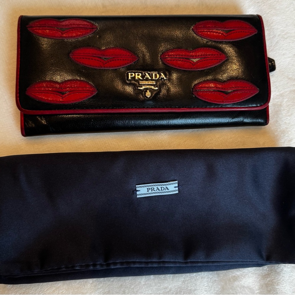 Prada Lips Wallet Black Red Leather Continental Zip Clutch - Picture 2 of 12